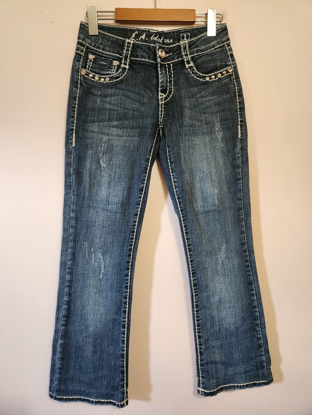 LA Idol Y2K McBling Rhinestone Flap Pocket Thick Stitch Embellished Denim Jeans